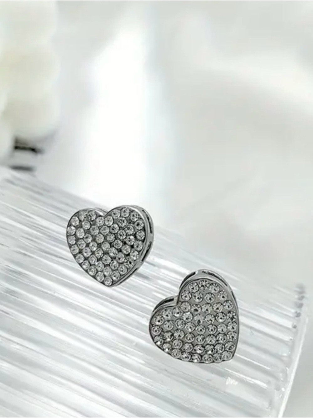 Pave Crystal Heart Stud Earrings - Silver